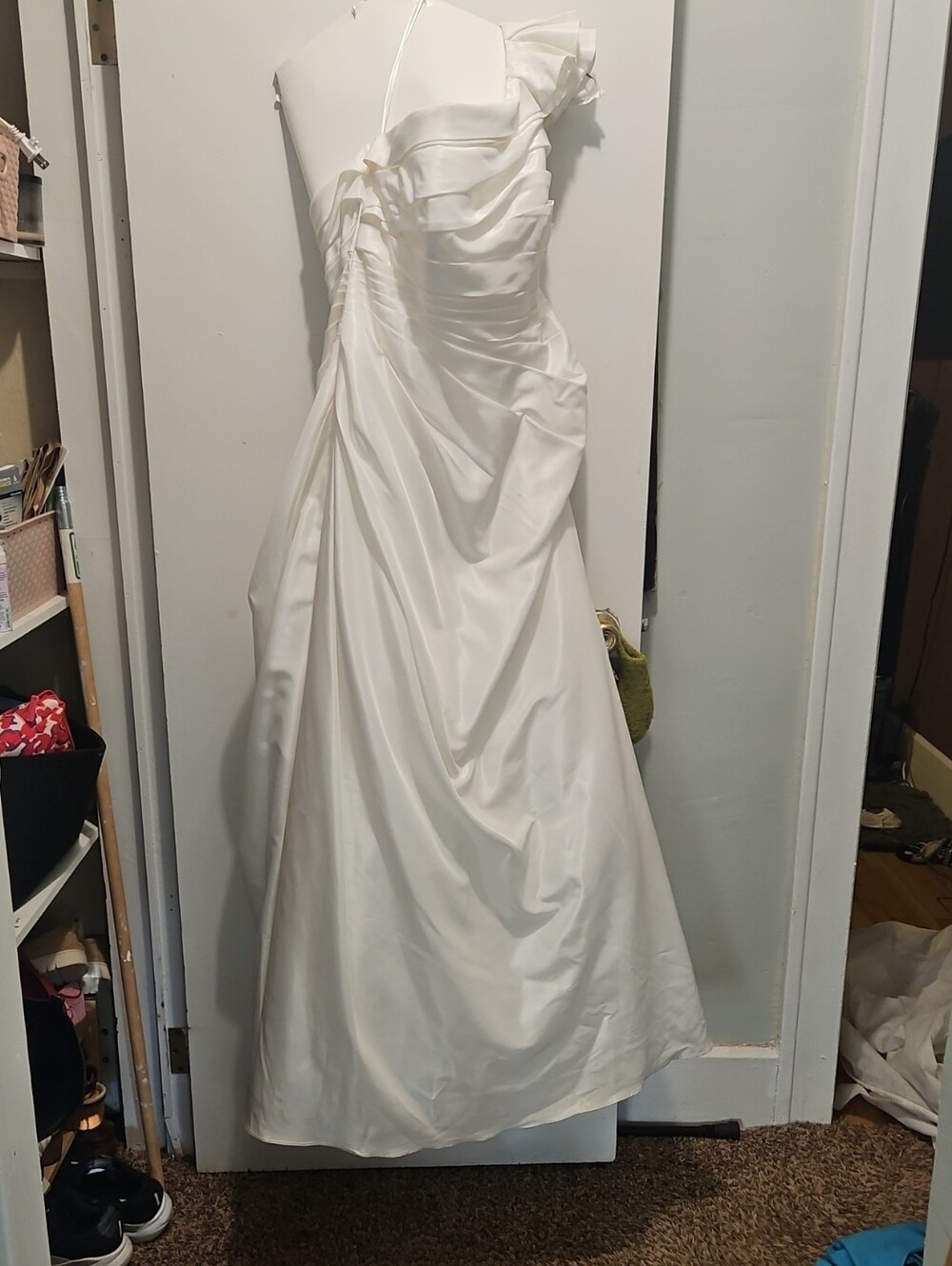 David's Bridal White One-Shoulder Satin Wedding Gown